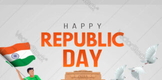 Indian republic Day celebrations with 26th January india 3d text and Ashoka Wheel, try color hand, man running with indian flag, india gate. vector illustration design